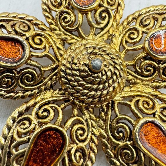 Vintage Filigree Etruscan Style Star Flower Brooch Orange Enamel Fall Autumn - Picture 7 of 7